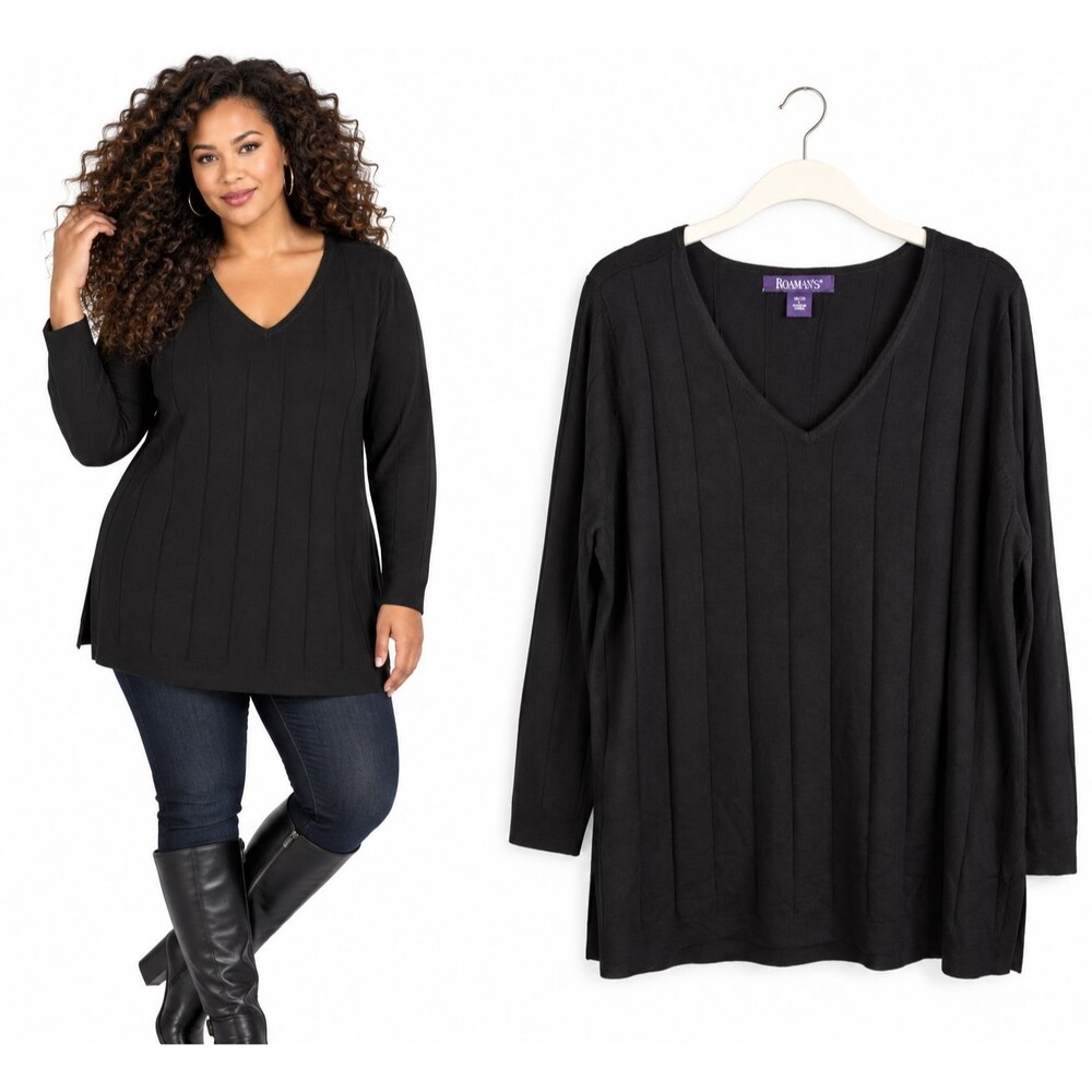New Roamans Ribbed Tunic Sweater Size 18/20 V Neck Long Sleeve Black